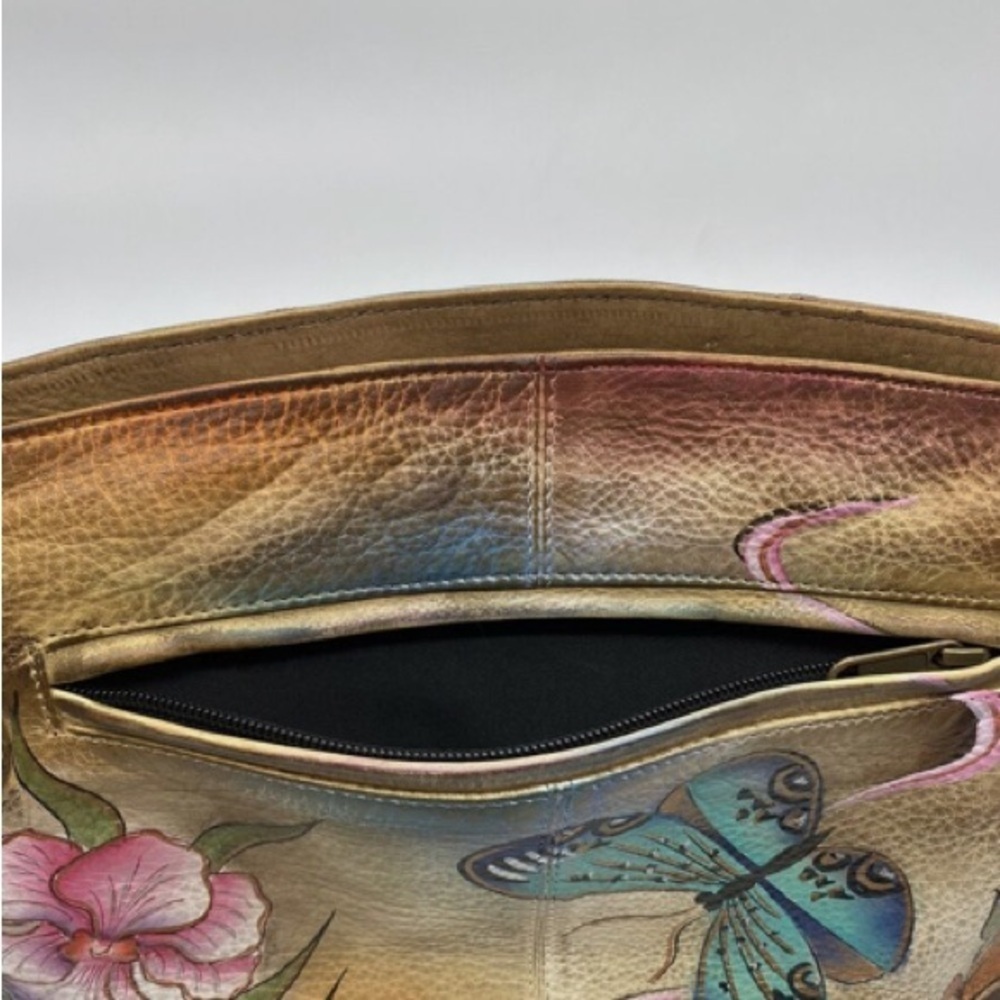 VTG Anuschka Hand Paint Flower Butterflies Leather Double Strap HandBag Satchel - Picture 9 of 12